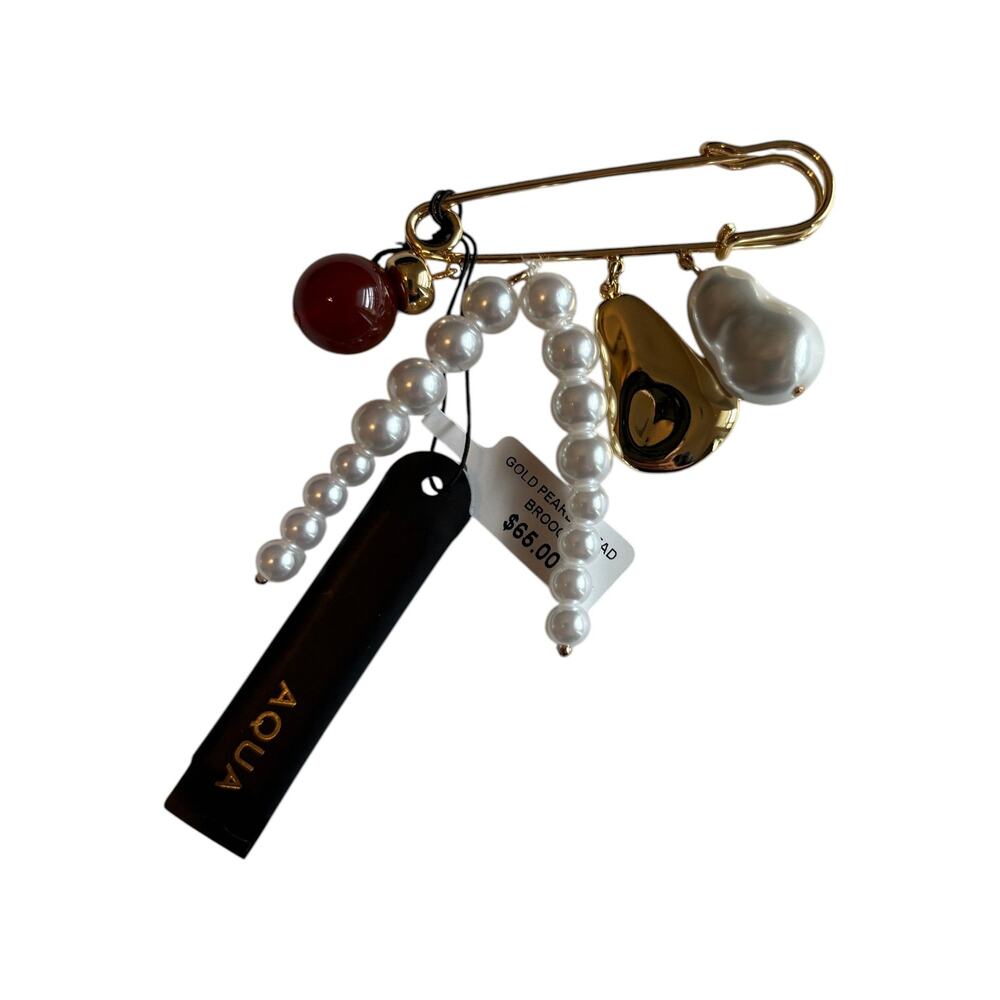 Aqua Gold Tone Pearl Charm Safety Pin Brooch NWT